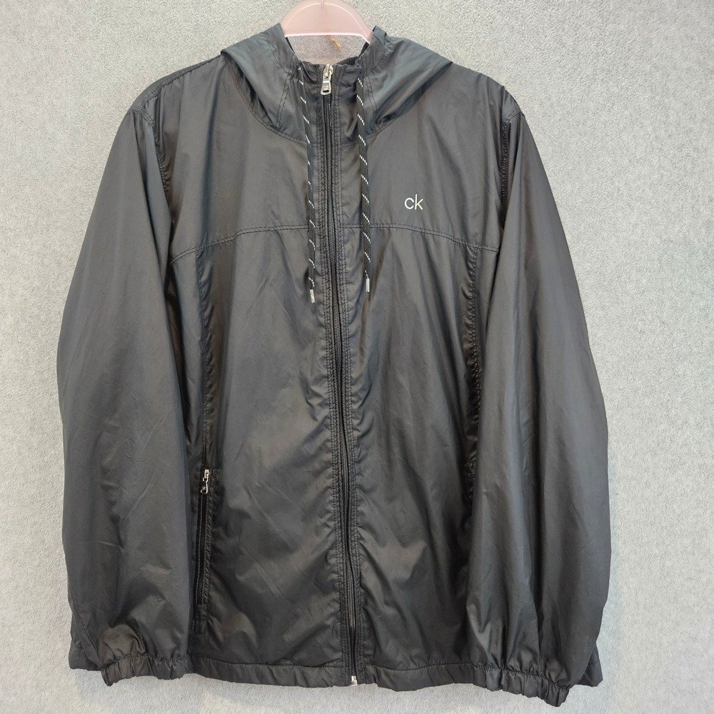 CALVIN KLEIN Windbreaker Men XXL Black Fleece Lined Hooded Full Zip Jacket SEO